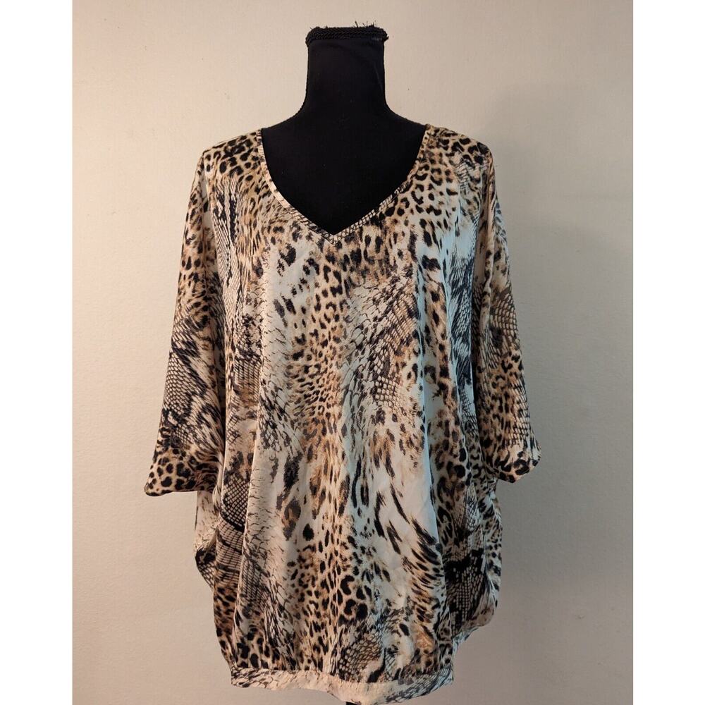 Chico's SZ 12/14 Women's Leopard Print Elastic Waist Pullover V-Neck A5